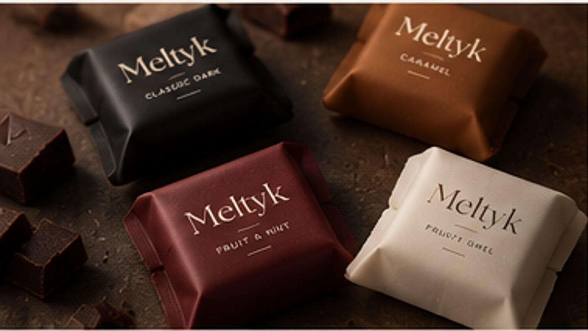 The four Meltyk wrappers scattered together in black, copper, burgundy and ivory