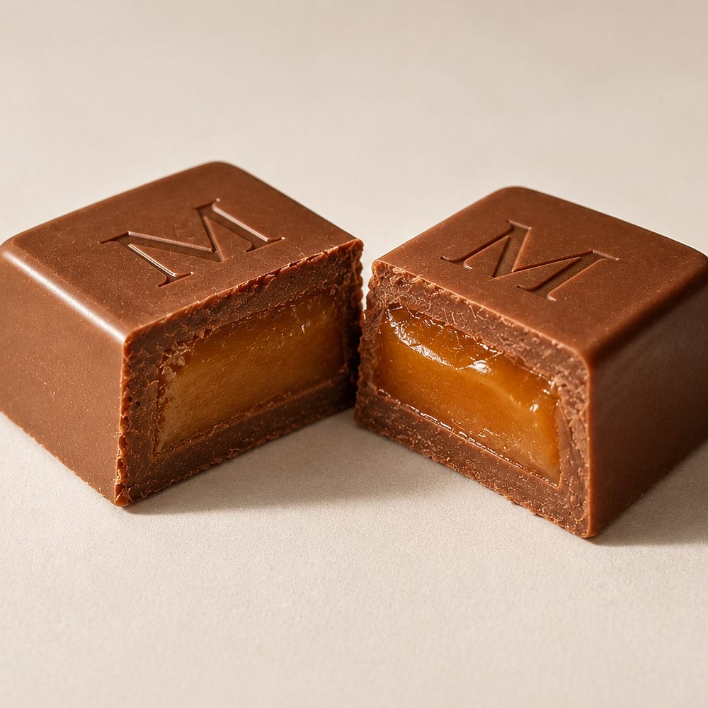 A Caramel Crunch cube broken open, caramel centre embedded in chocolate