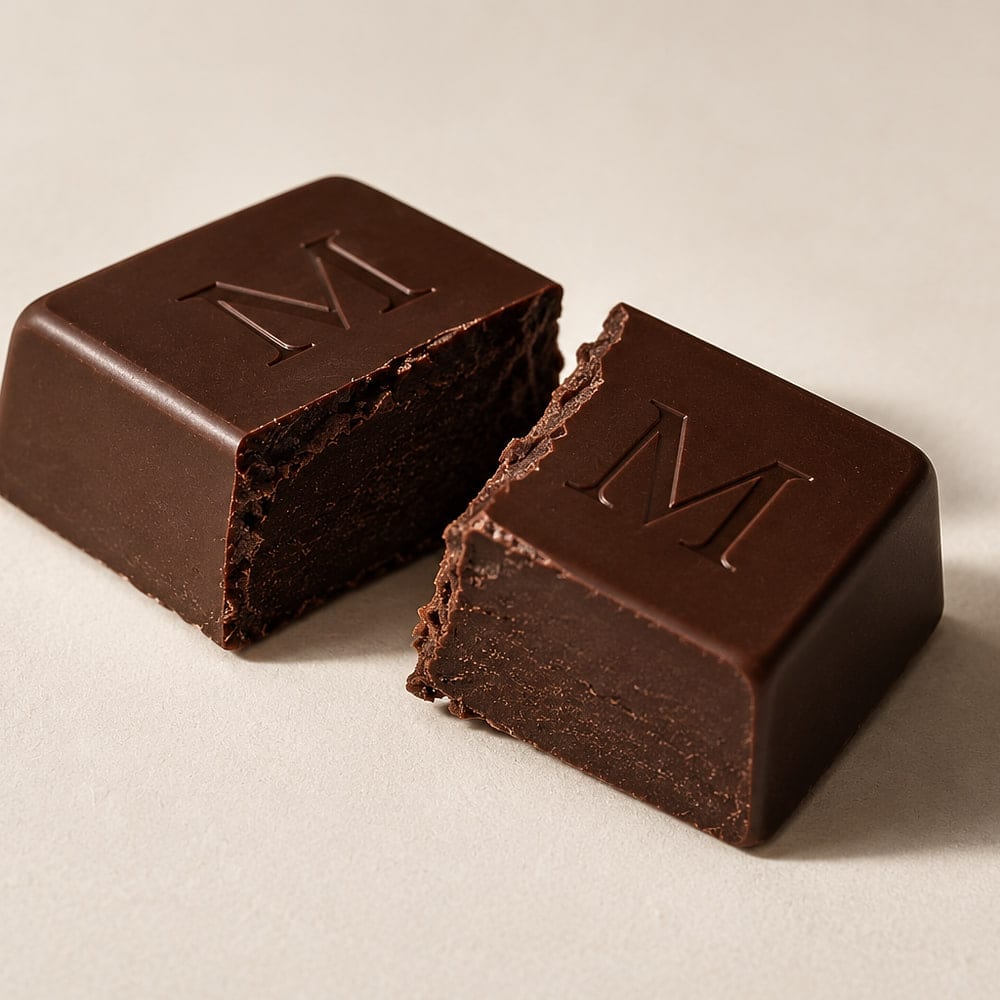 A Classic Dark cube broken open, solid chocolate through the break