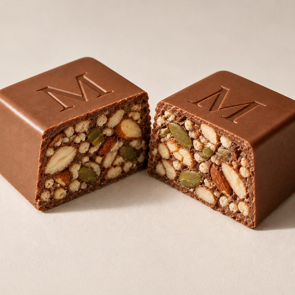 A Protein cube broken open, nuts and seeds packed through the chocolate