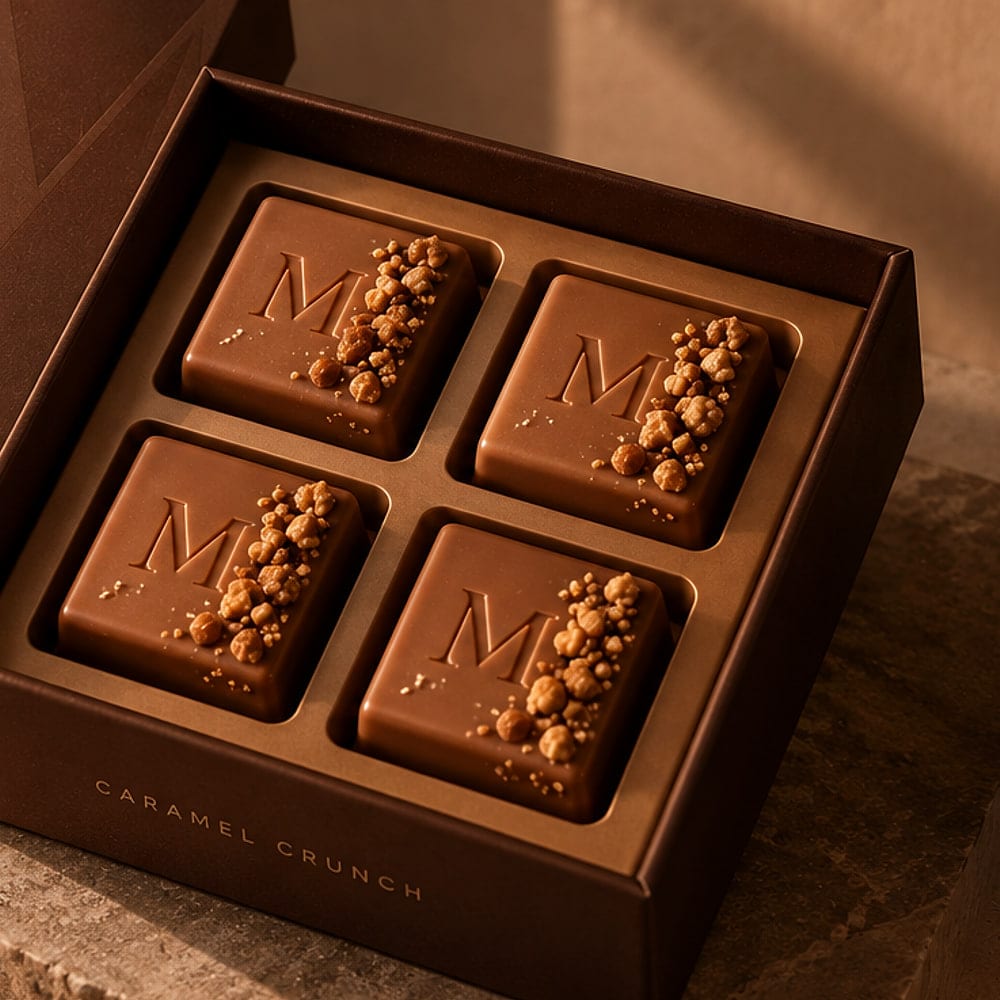 The four Caramel Crunch cubes in their tray, each embossed with an M