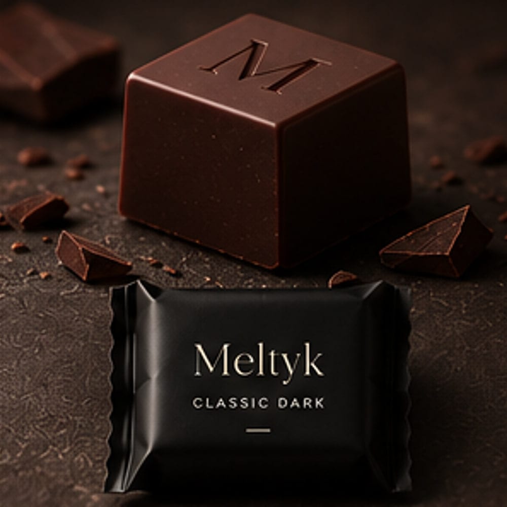 A Classic Dark cube with its embossed M, beside the black wrapper