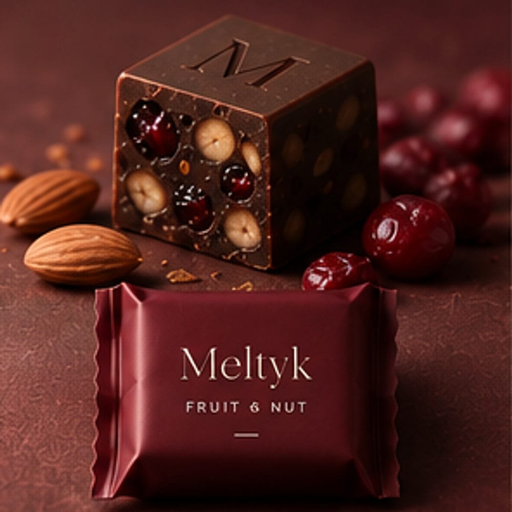 A Fruit & Nut cube with its embossed M, beside the burgundy wrapper
