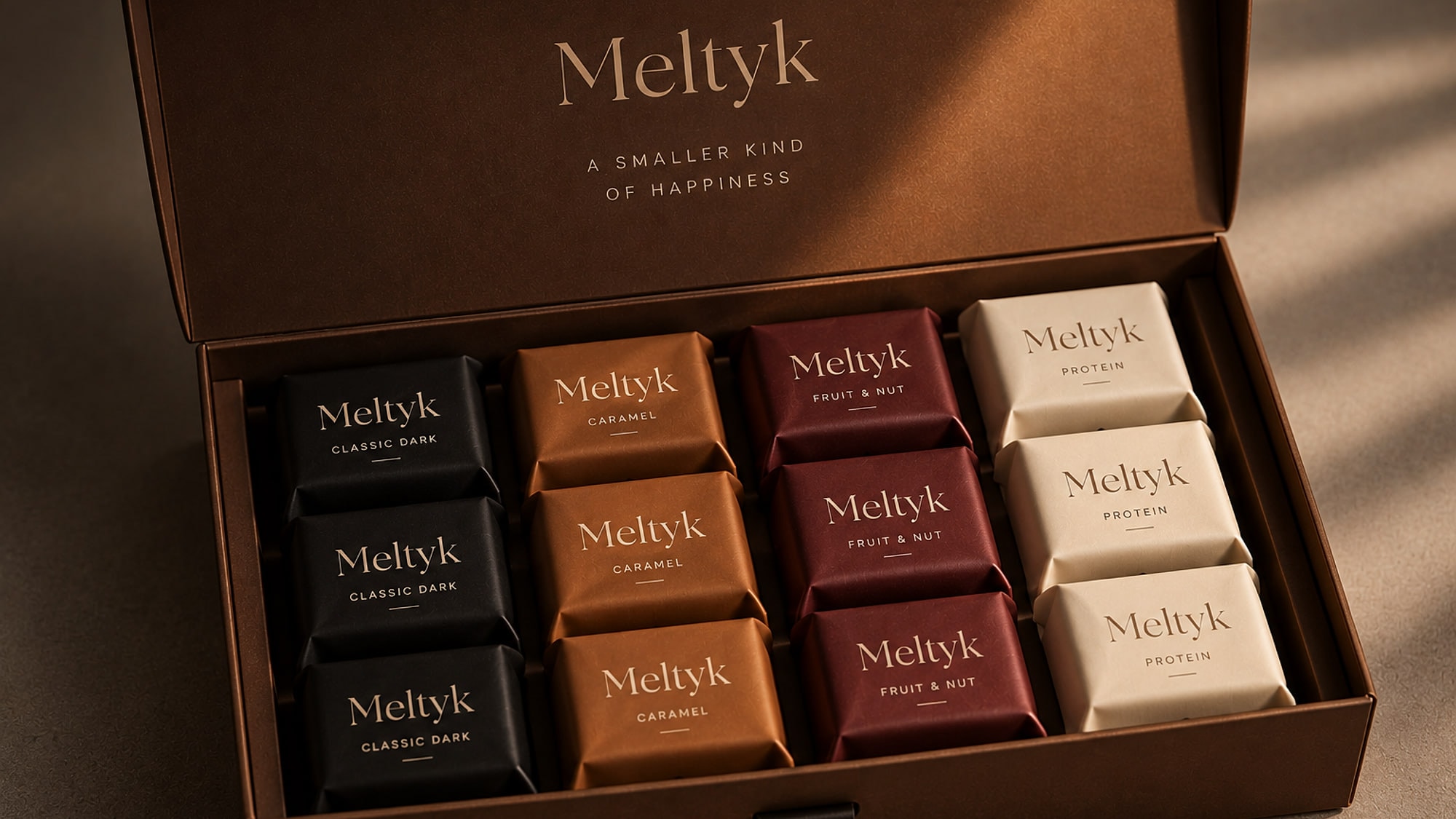 The Meltyk assorted box open, wrapped cubes arranged in four colour lanes
