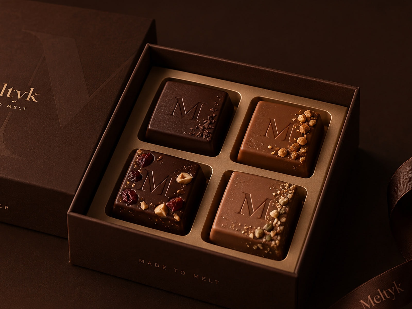 The MELTYK assorted box open beside its lid, one cube of each flavour in a fitted tray