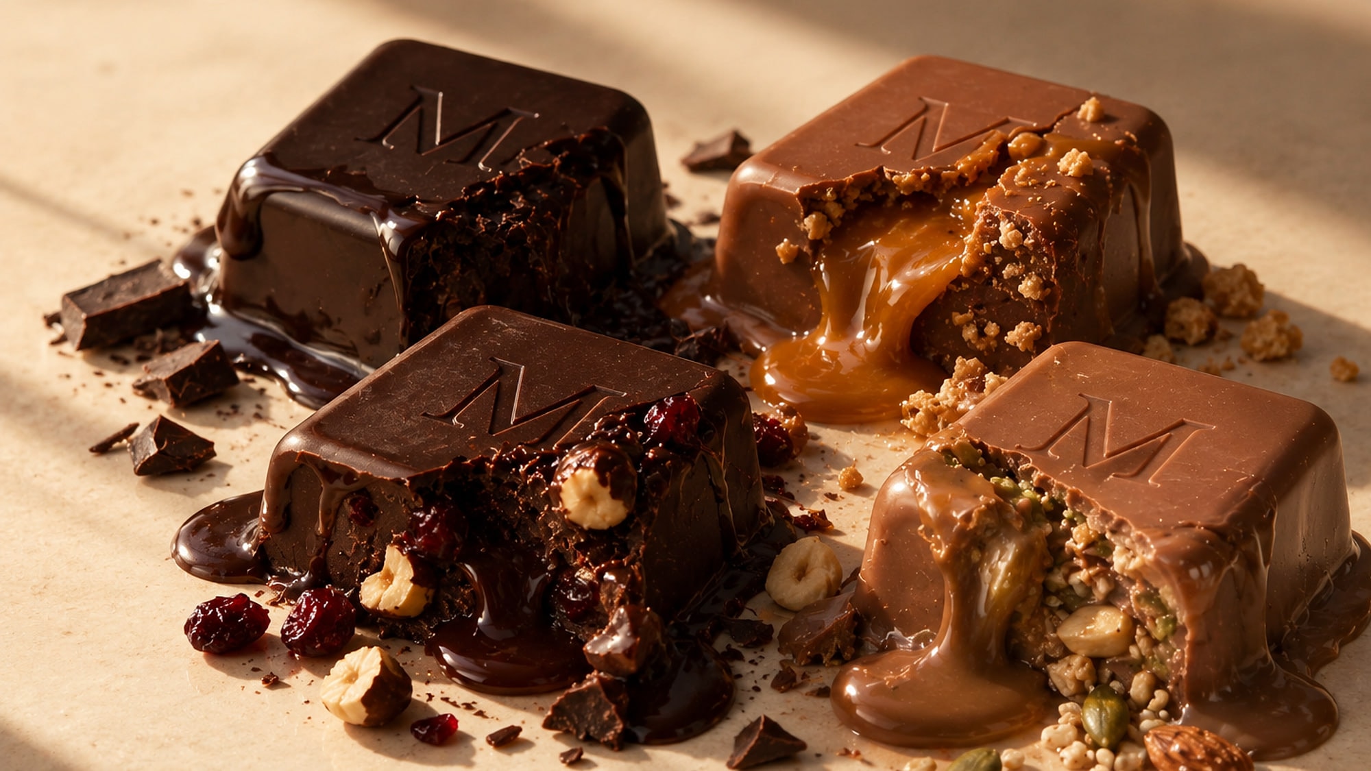 All four MELTYK cubes melting together, dark, caramel crunch, fruit and nut, and protein, each embossed with an M and spilling its own filling