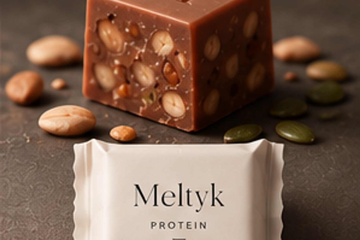 A Meltyk Protein cube packed with nuts and seeds beside its ivory wrapper