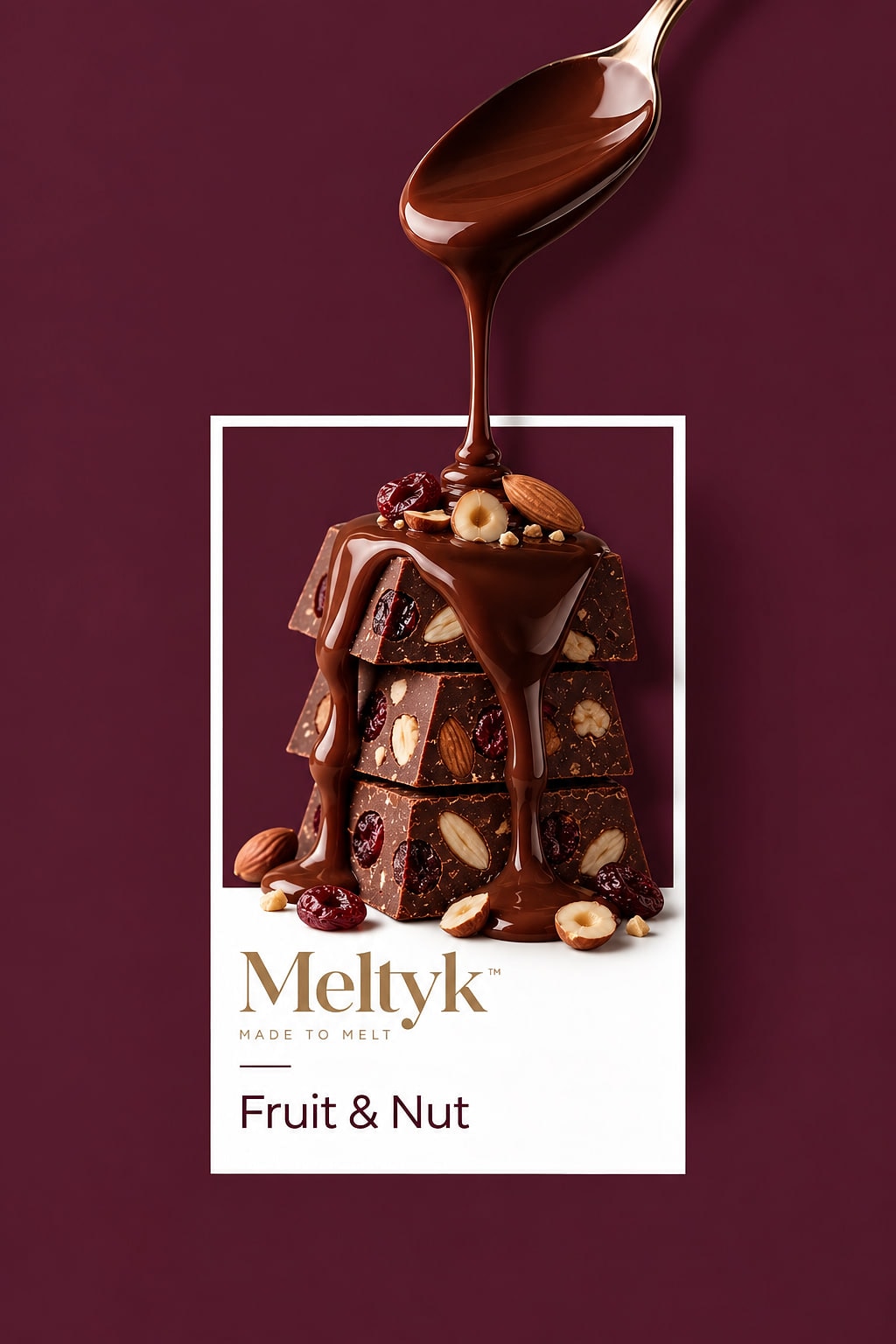 Meltyk Fruit & Nut poster, fruit and nut studded chocolate under a pour