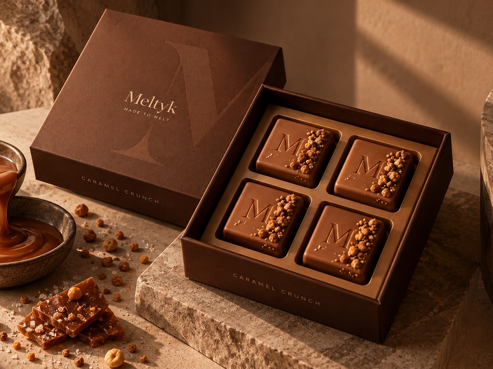 A MELTYK box of four matching cubes, open on stone beside its lid