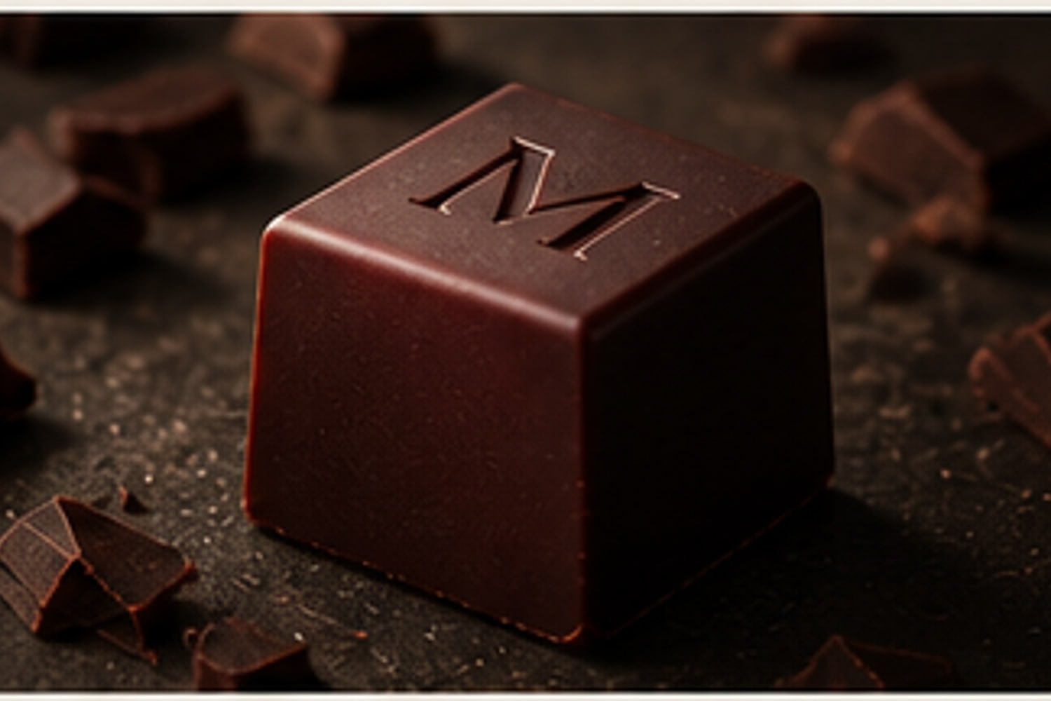 A close view of a Meltyk cube with its embossed M and clean edges
